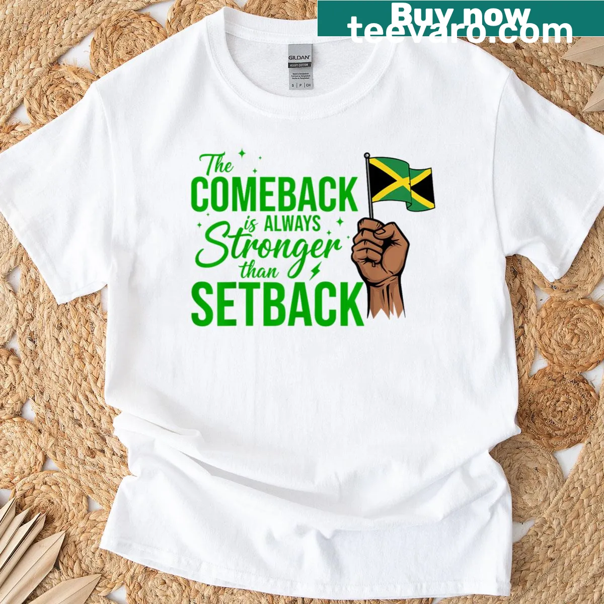 Jamaica flag graphic with motivational text on T-shirt — on a men's t-shirt
