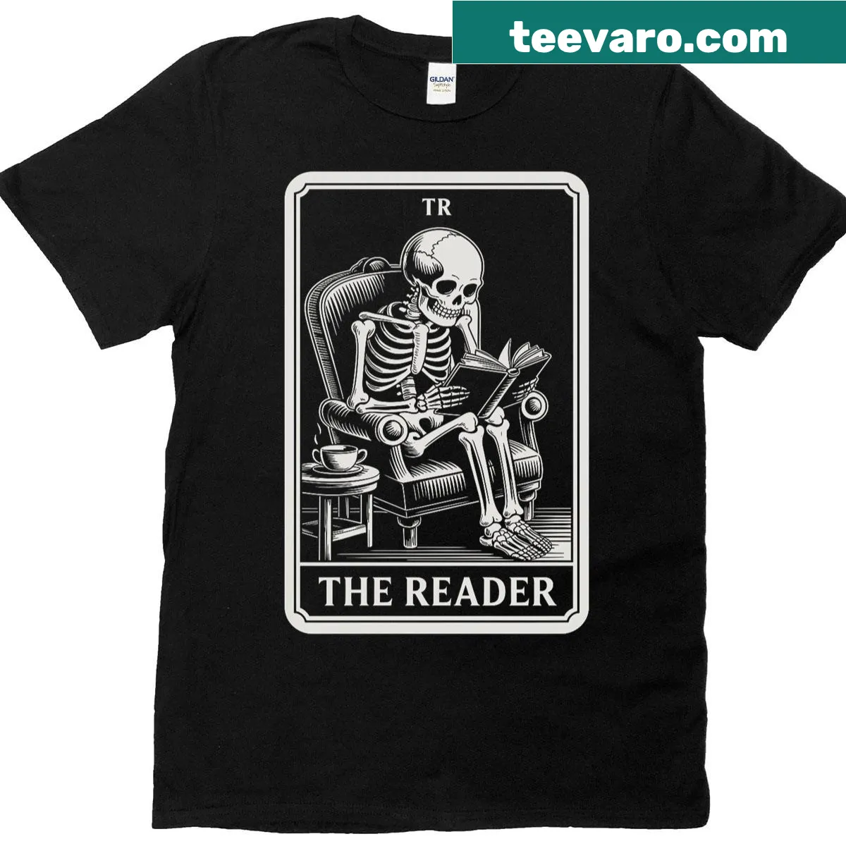 Funny book lover t-shirt with skeleton reading and tarot card design — on a men's t-shirt