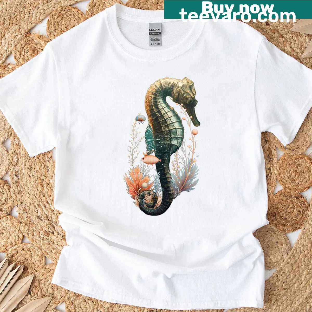 Illustrated T-shirt featuring a graceful seahorse design — on a men's t-shirt