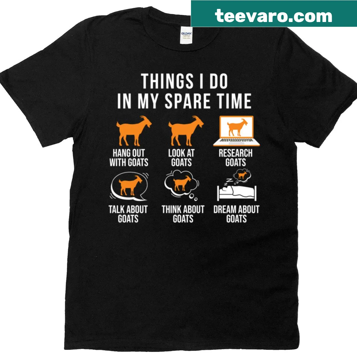 Funny goat lovers t-shirt with humorous activities listed — on a men's t-shirt