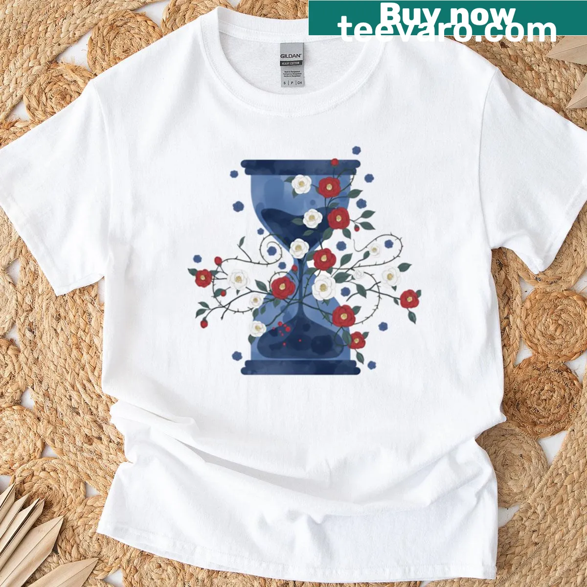 Hourglass with camellia roses graphic on a t-shirt — on a men's t-shirt