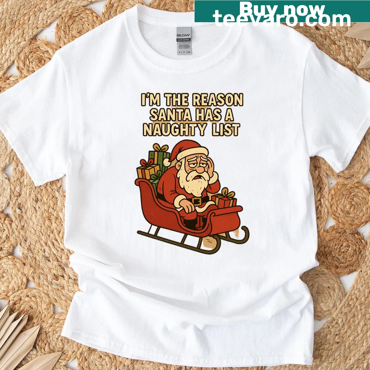 Humorous T-shirt featuring tired Santa and naughty list text for Christmas — on a men's t-shirt