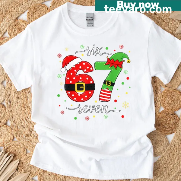 Meme-inspired Christmas T-shirt featuring 'Trending Six Seven' text in fun typography