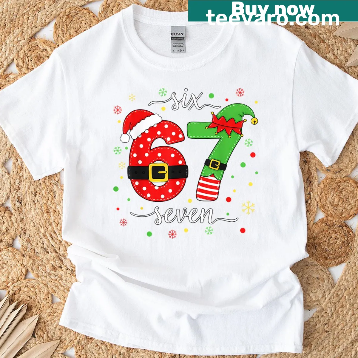 Meme-inspired Christmas T-shirt featuring 'Trending Six Seven' text in fun typography — on a men's t-shirt