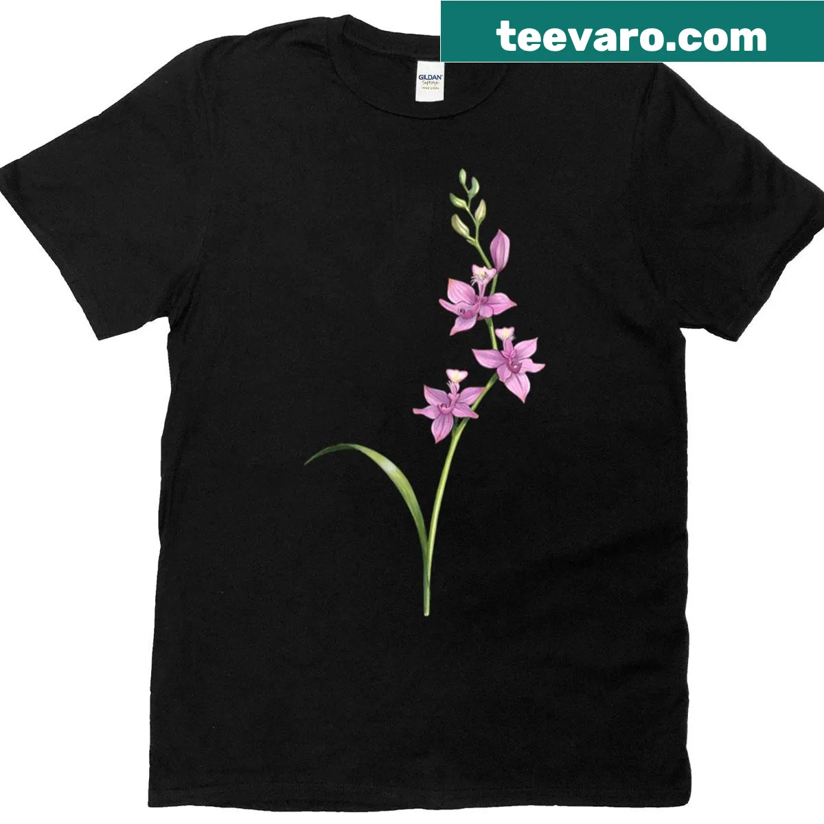 Illustrated tuberous grasspink flower on a t-shirt — on a men's t-shirt