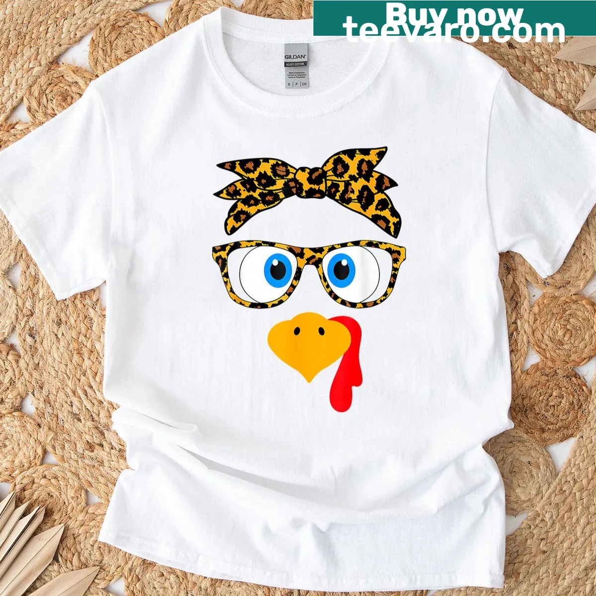 Funny Thanksgiving T-shirt with turkey wearing leopard print glasses — on a men's t-shirt