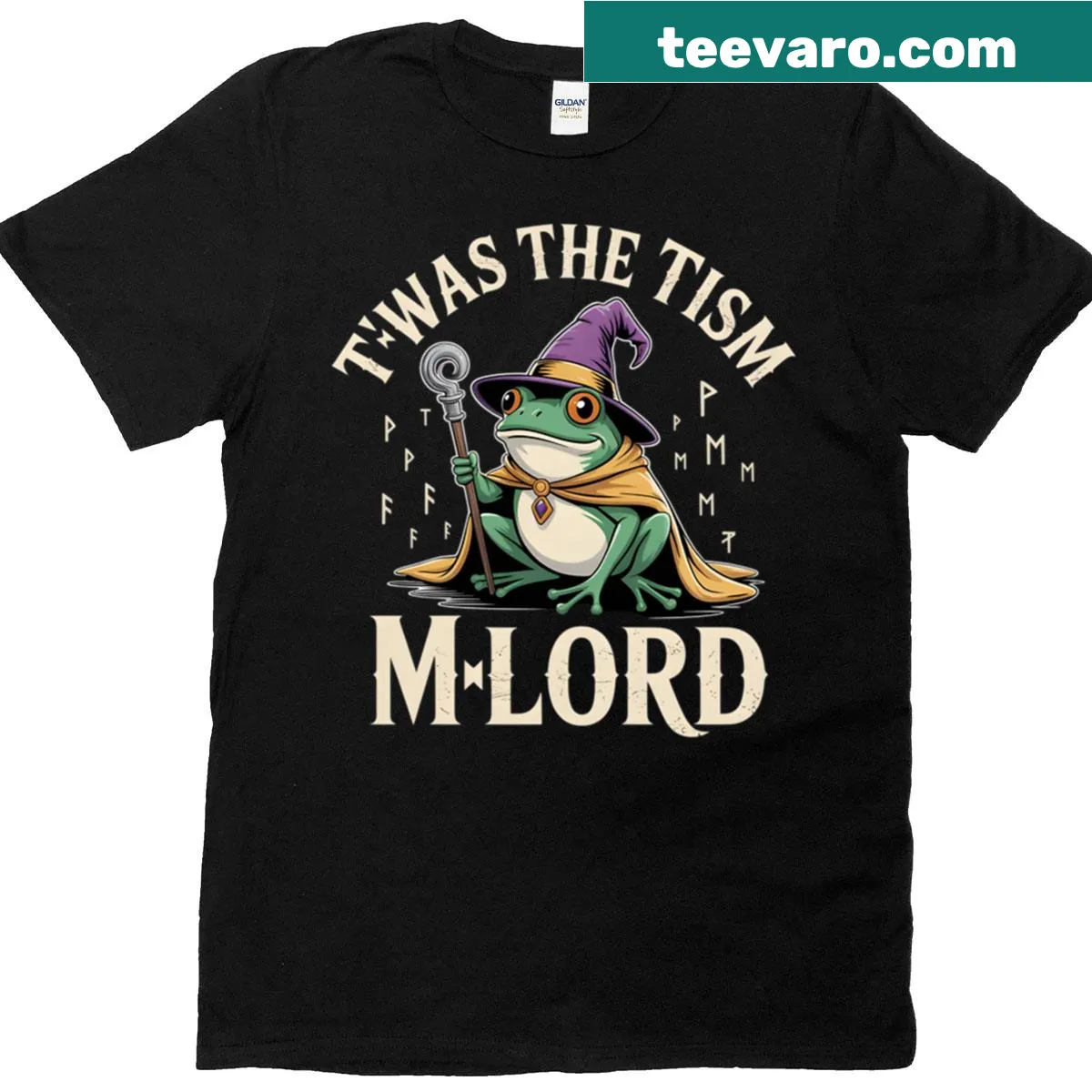 Humorous T-shirt featuring a frog and playful text — on a men's t-shirt