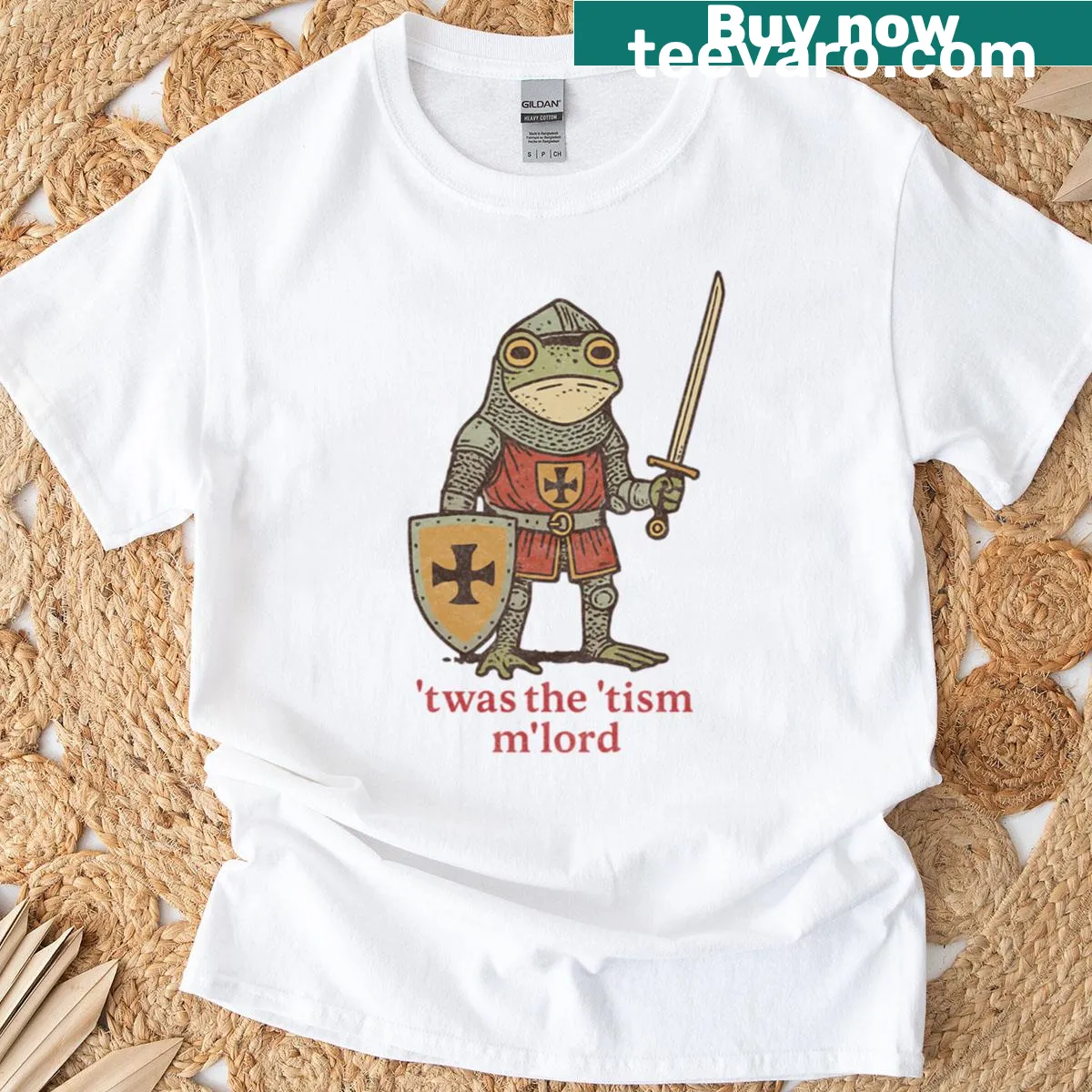 Medieval frog knight cartoon graphic on oversized t-shirt — on a men's t-shirt