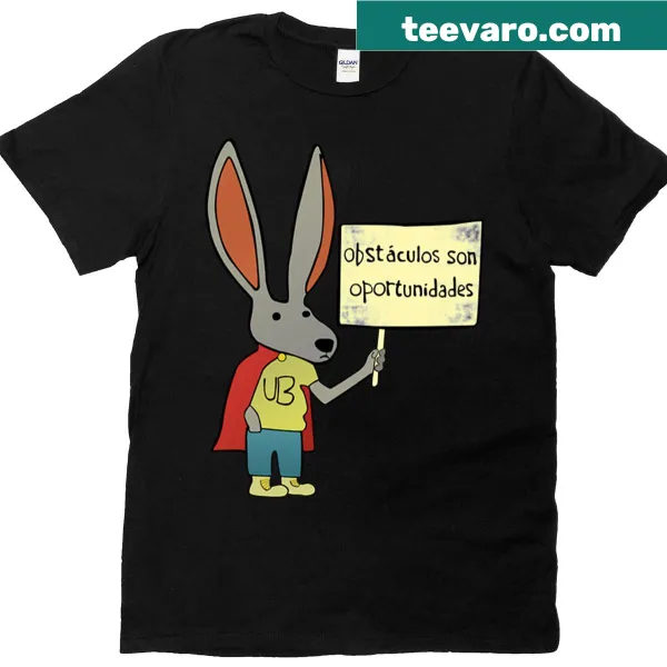 Cartoon bunny holding a sign on a T-shirt