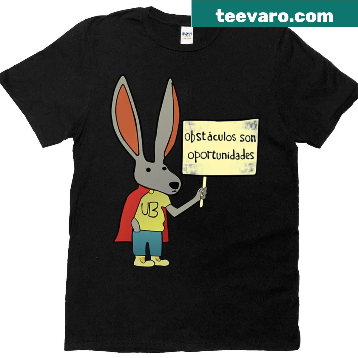 Cartoon bunny holding a sign on a T-shirt — on a men's t-shirt