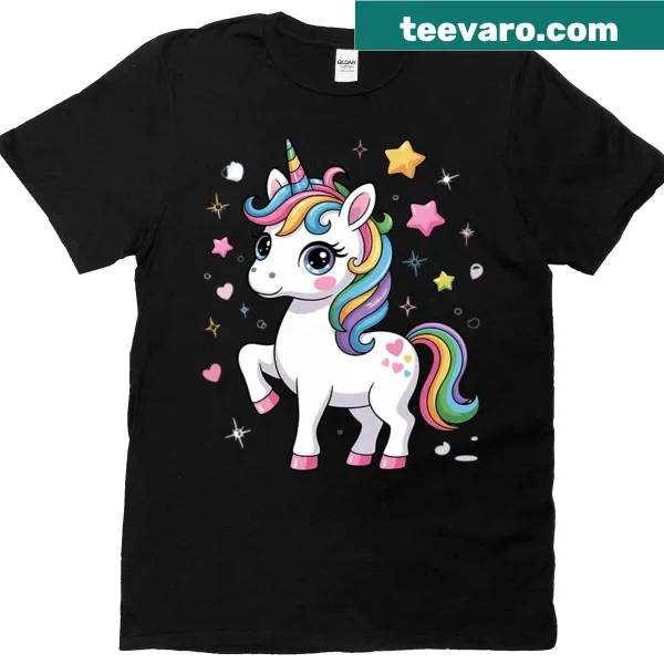 Cute T-shirt featuring a magical unicorn and rainbows design