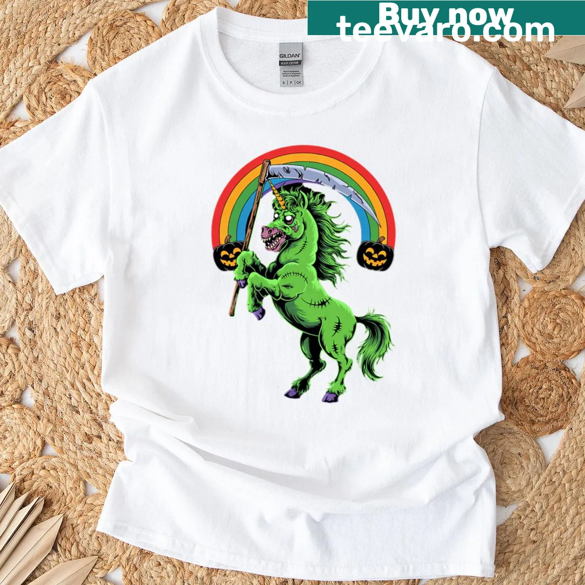 Halloween T-shirt with a unicorn Grim Reaper illustration — on a men's t-shirt