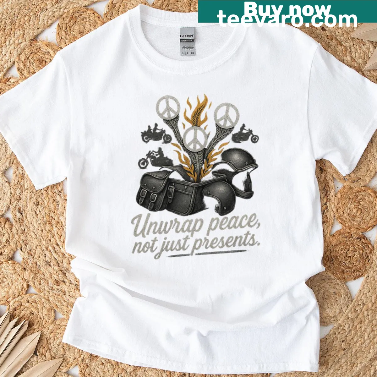 Biker-themed t-shirt with motorcycle graphic and holiday message — on a men's t-shirt