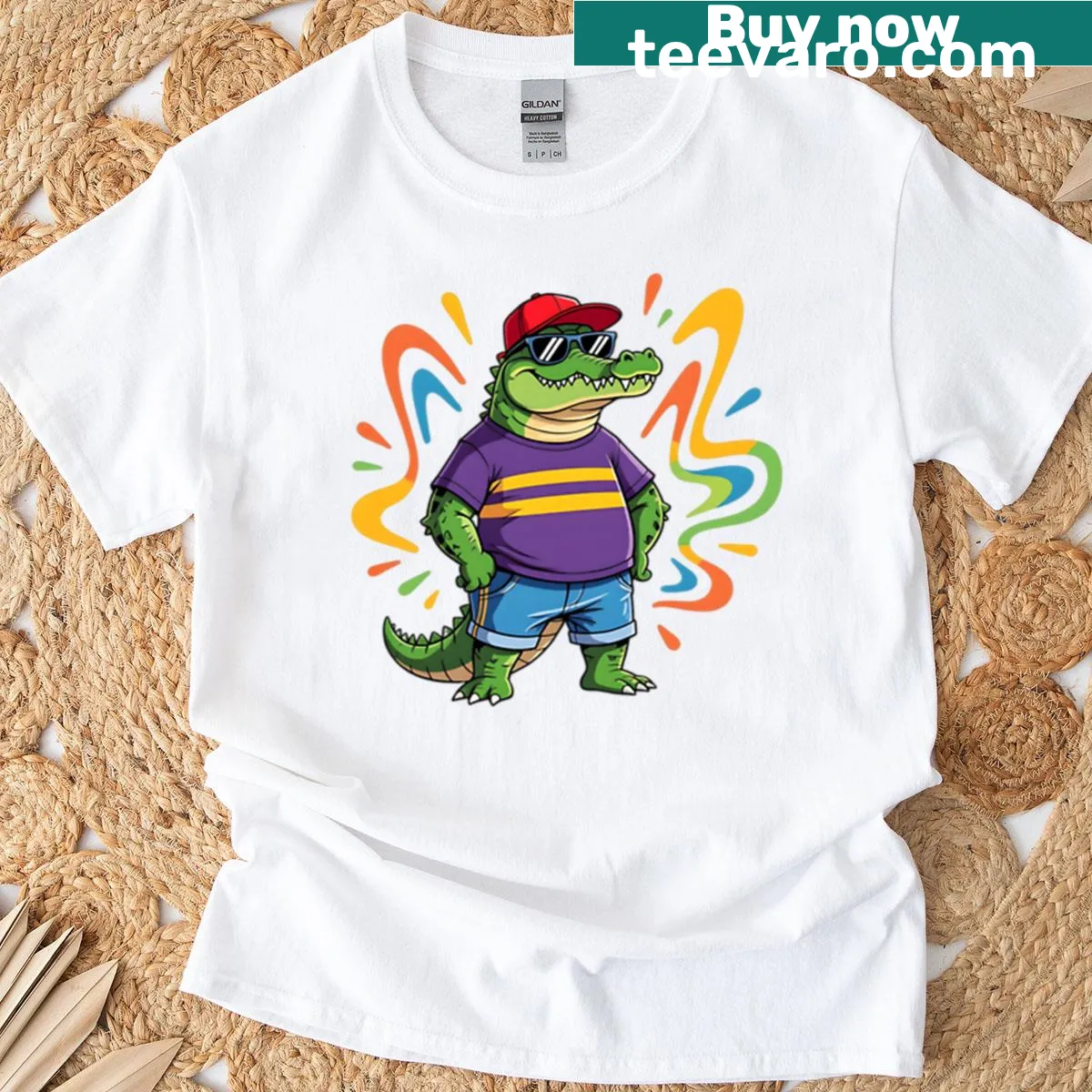 Cartoon crocodile graphic in an urban setting T-shirt — on a men's t-shirt