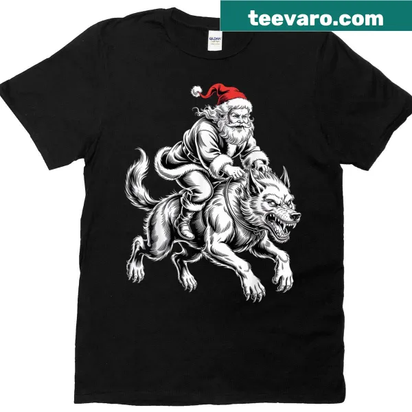 Santa riding Fenrir in a whimsical Christmas design