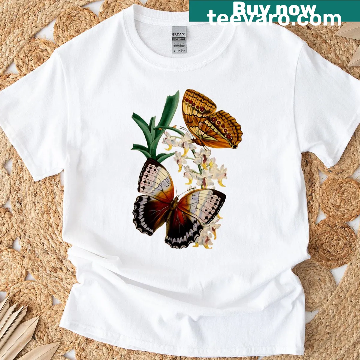 Vintage-style T-shirt with tranquil butterfly graphic — on a men's t-shirt