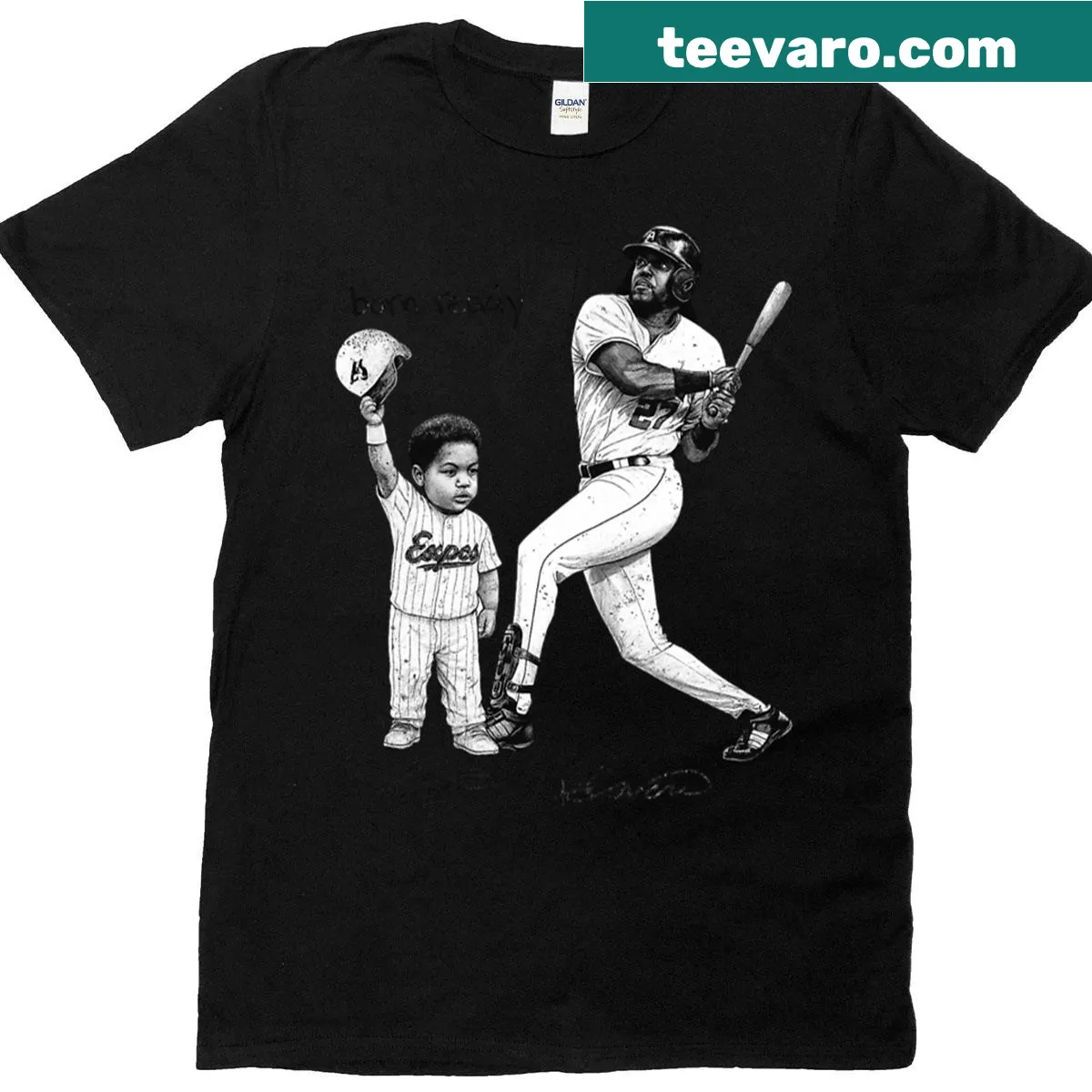 Playful t-shirt featuring Vladimir Guerrero Jr. with a baseball theme — on a men's t-shirt