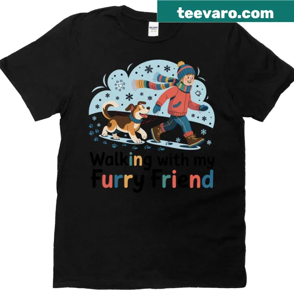 Illustration of a person walking with a dog on a t-shirt