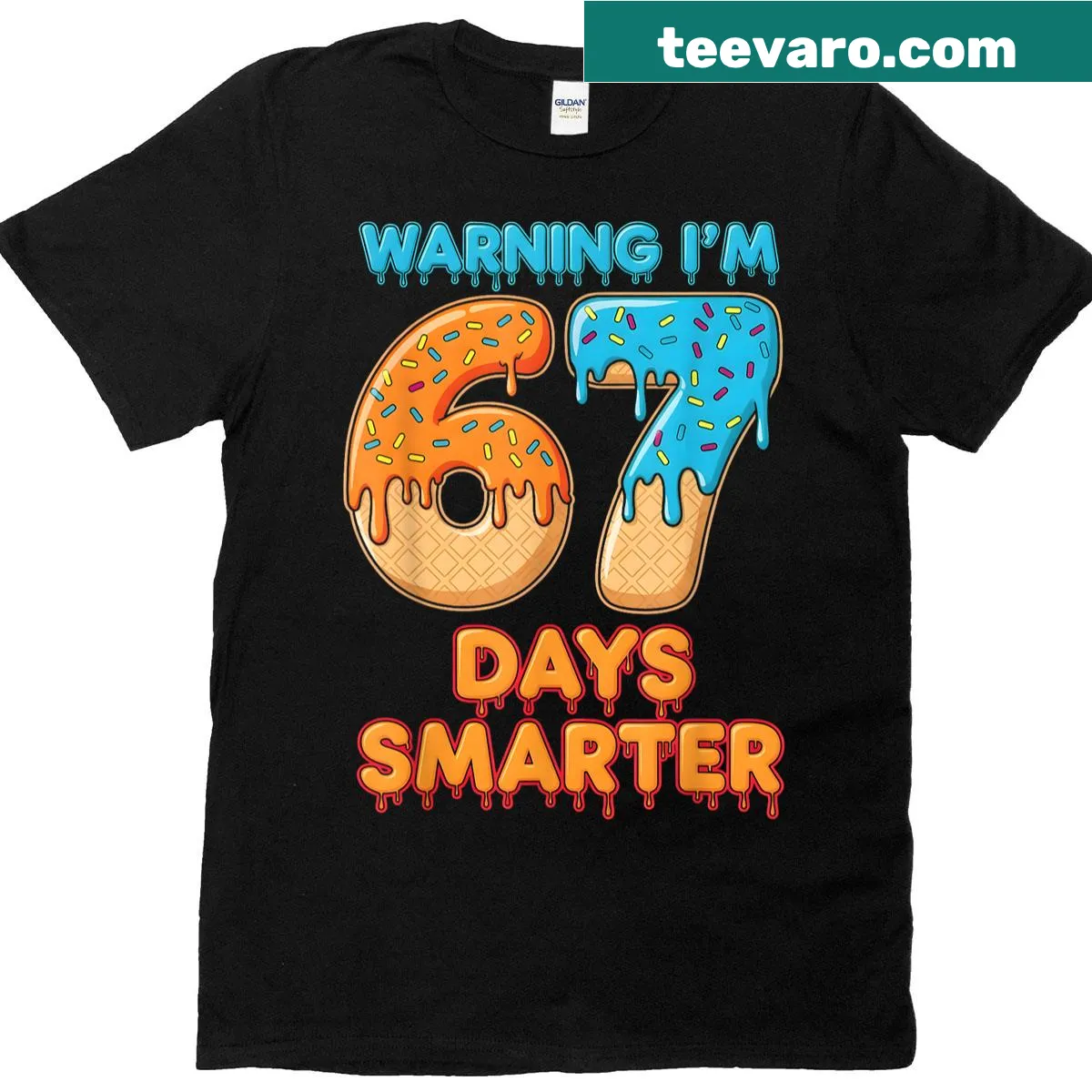 Funny school-themed t-shirt stating 'Warning I'm 67 Days Smarter' — on a men's t-shirt