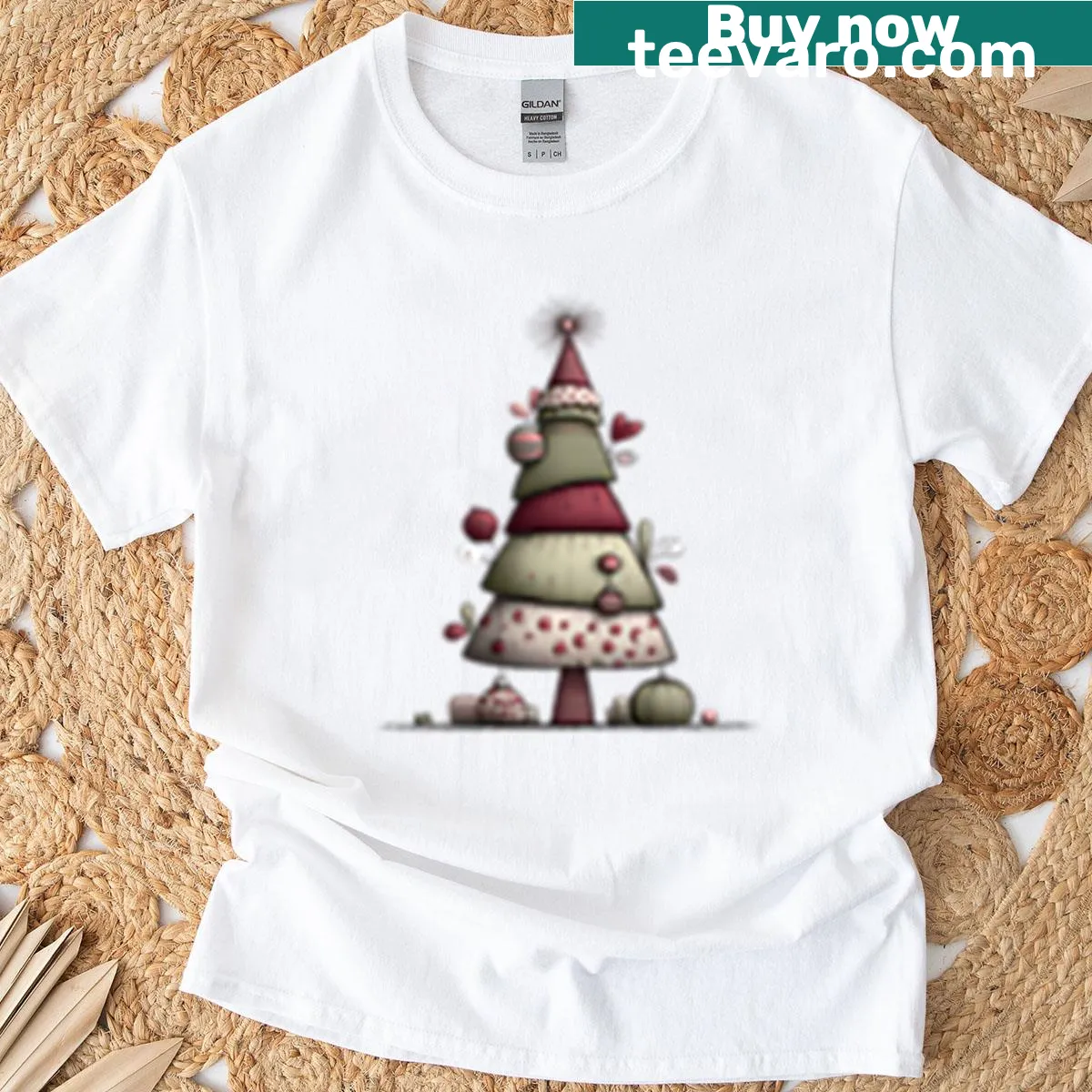 Whimsical Christmas tree T-shirt with playful ornament illustrations. — on a men's t-shirt