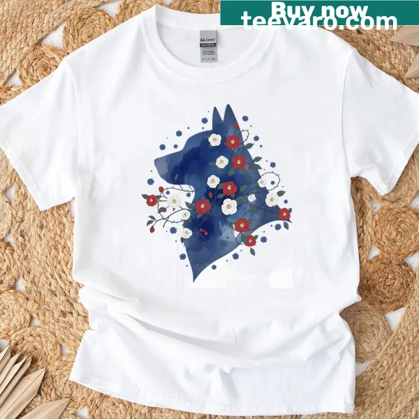 Illustrative Wolf Spirit with camellia flowers T-shirt design