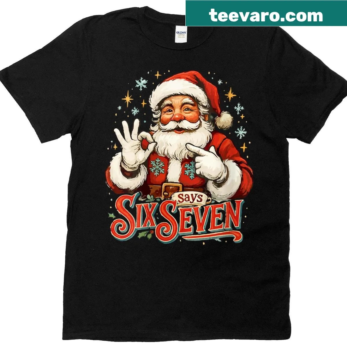 Cartoon Santa design with humorous text for 67th birthday — on a men's t-shirt