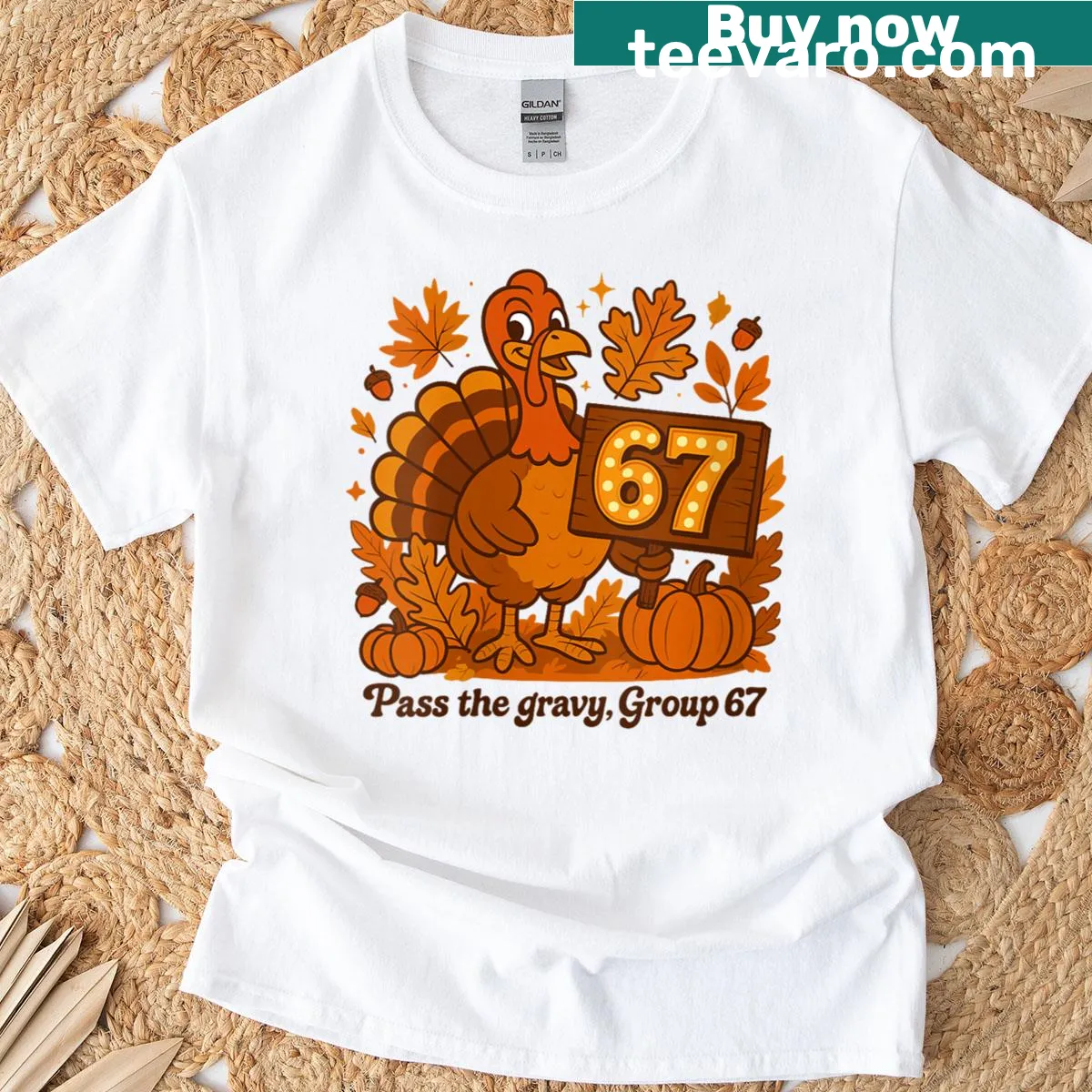 Funny Thanksgiving T-shirt with turkey and autumn leaves design — on a men's t-shirt