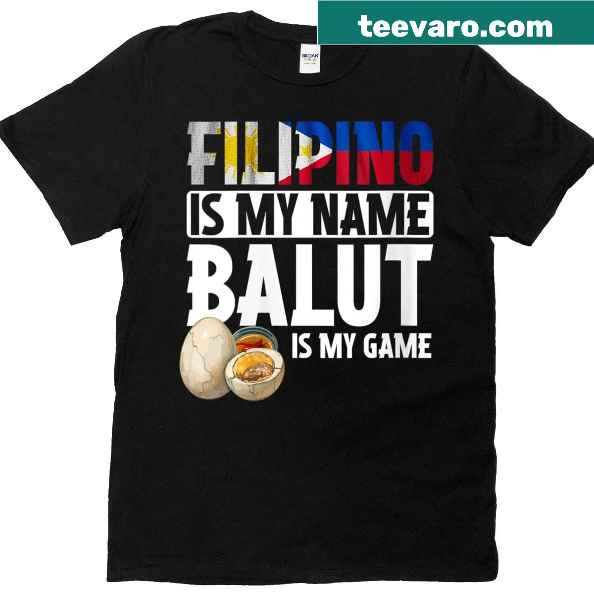 Balut Eggs t-shirt celebrating Filipino cuisine with bold text — on a men's t-shirt