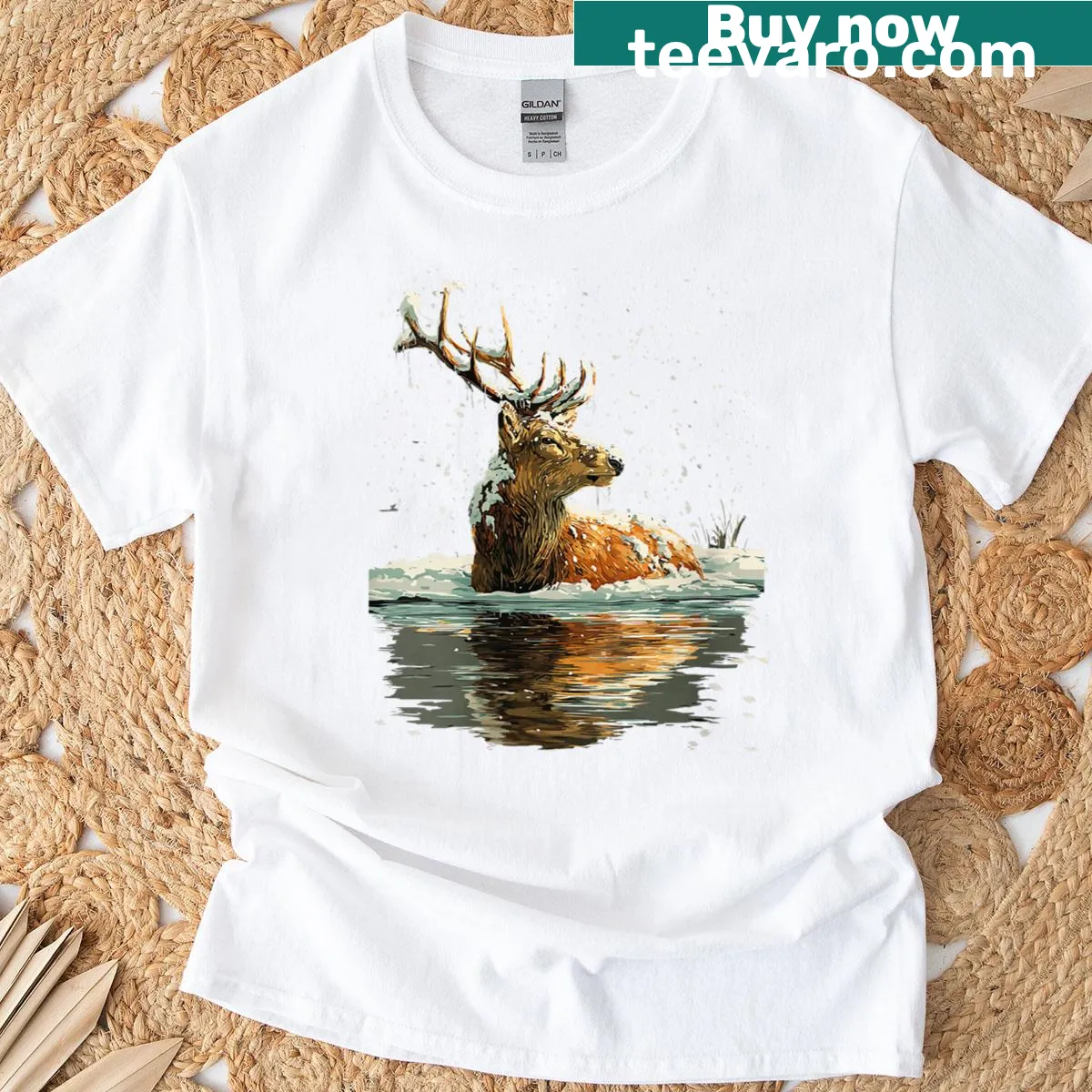 Calm reindeer graphic T-shirt set in a snowy forest illustration. — on a men's t-shirt