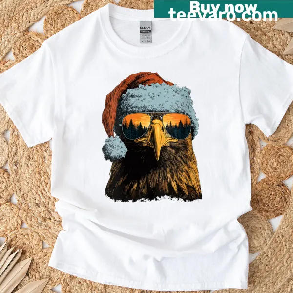 Eagle in sunglasses and Santa hat on a snowy graphic.