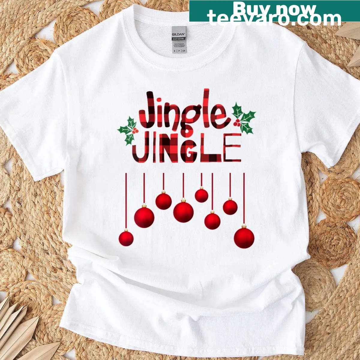 Funny Christmas T-shirt with jingle ornaments and a plaid design — on a men's t-shirt