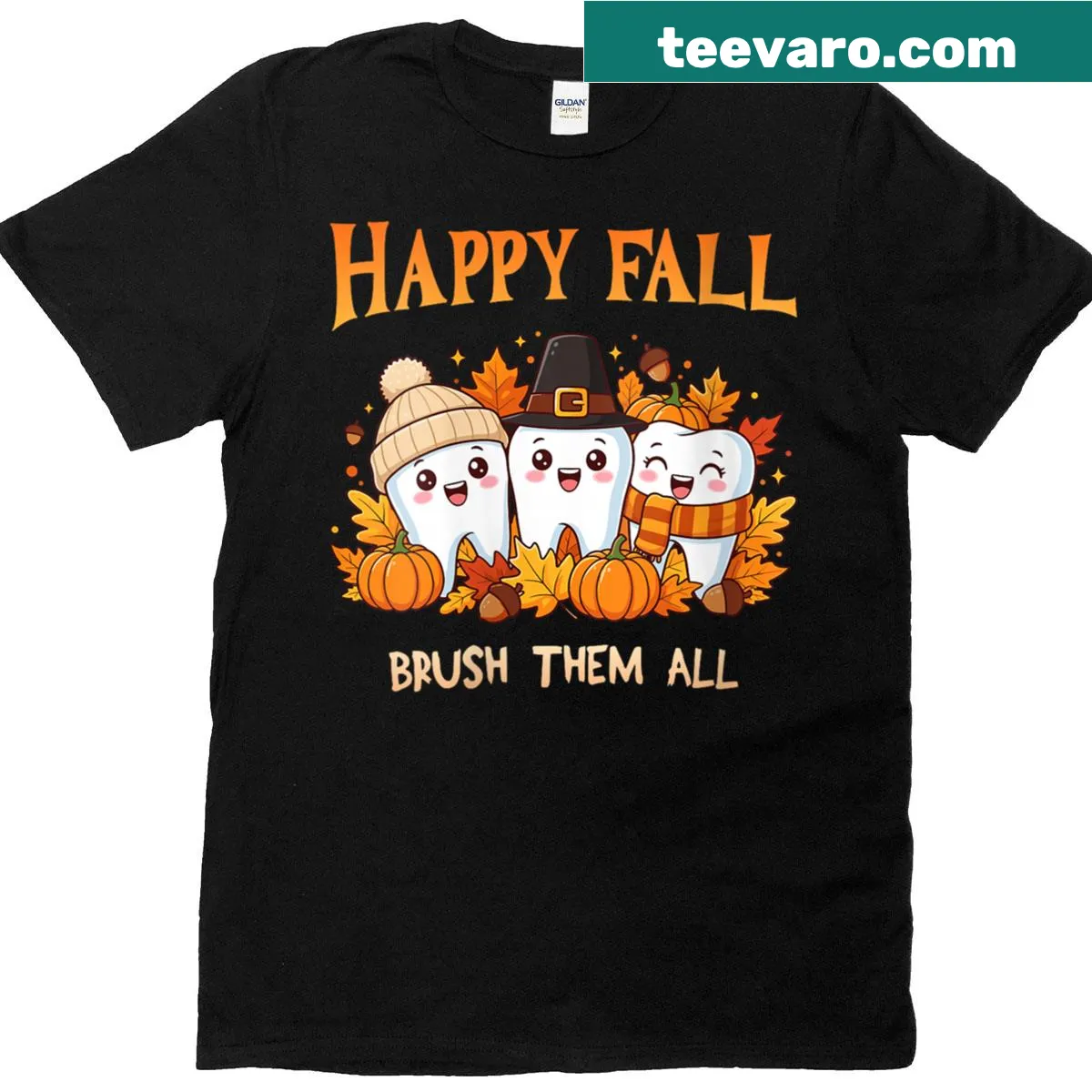 Funny dental Thanksgiving T-shirt with 'Happy Fall Brush Them All' text — on a men's t-shirt