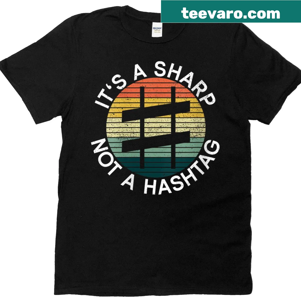 Musical T-shirt with 'It's A Sharp Not A Hashtag' text for pianists — on a men's t-shirt