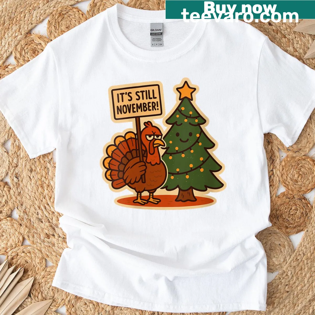 Funny Thanksgiving shirt with turkey vs Christmas tree graphic — on a men's t-shirt