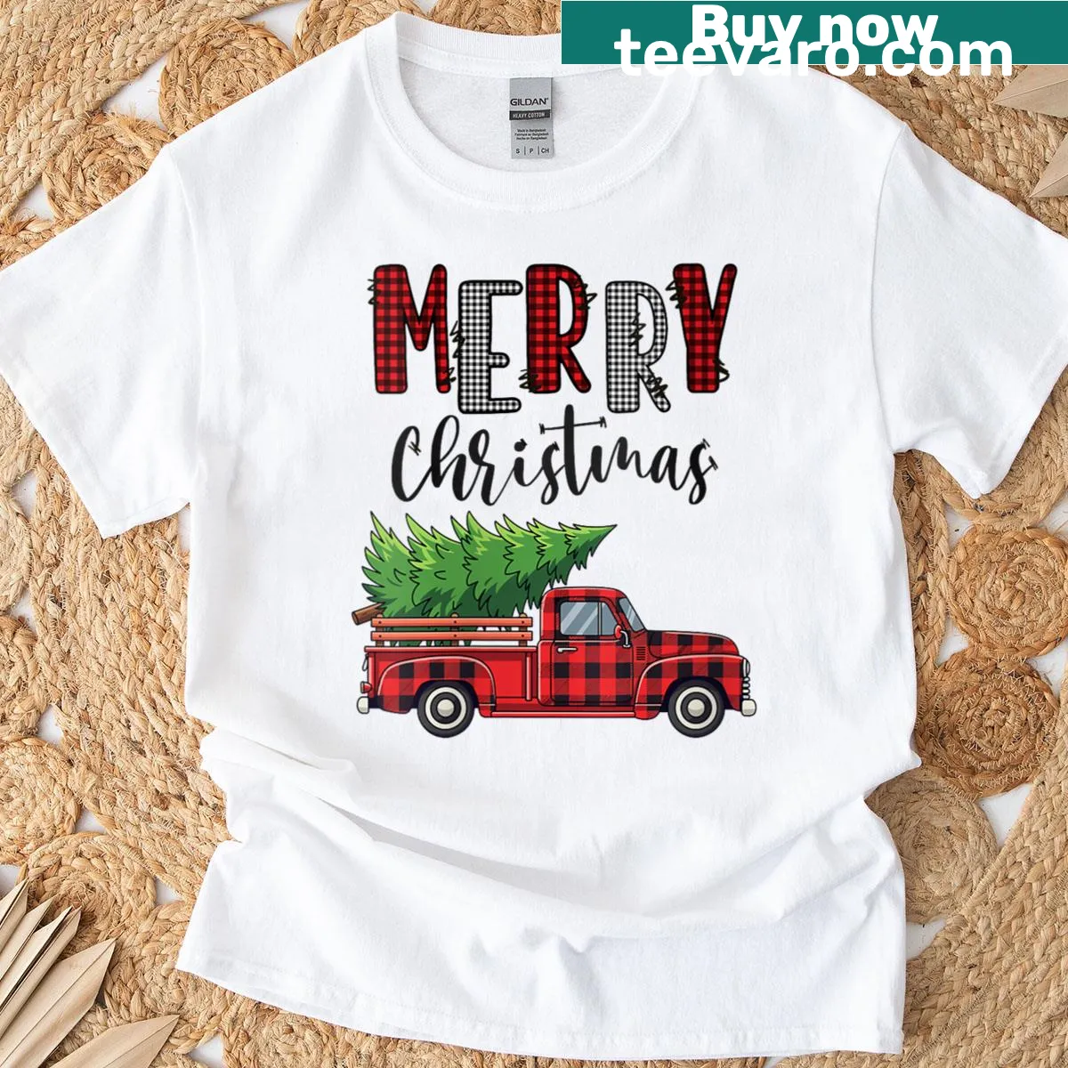 Plaid truck carrying a decorative tree illustration for Christmas. — on a men's t-shirt