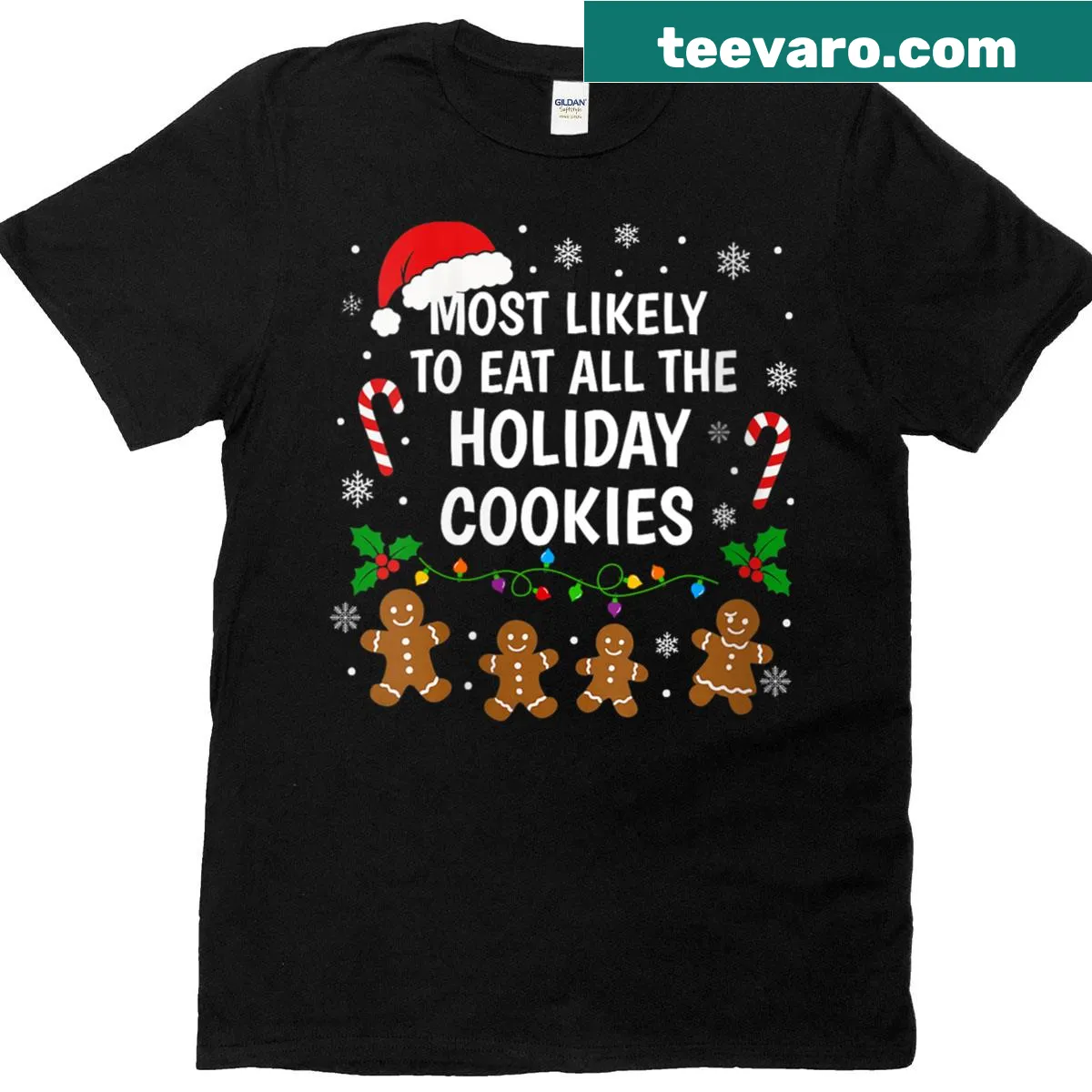 Funny women's Christmas t-shirt with cookie-themed text — on a men's t-shirt