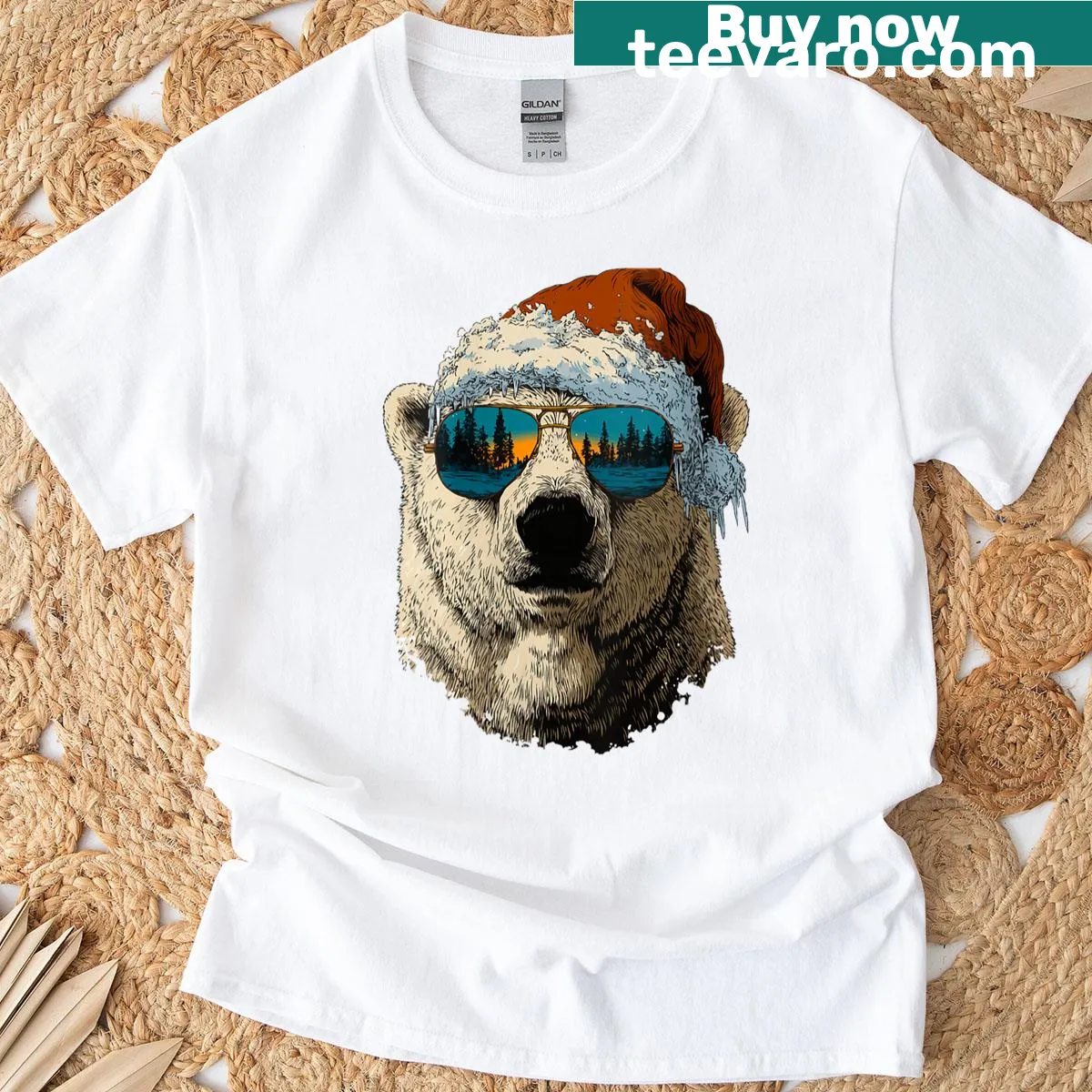 Cute polar bear in sunglasses and Santa hat illustration for Christmas. — on a men's t-shirt