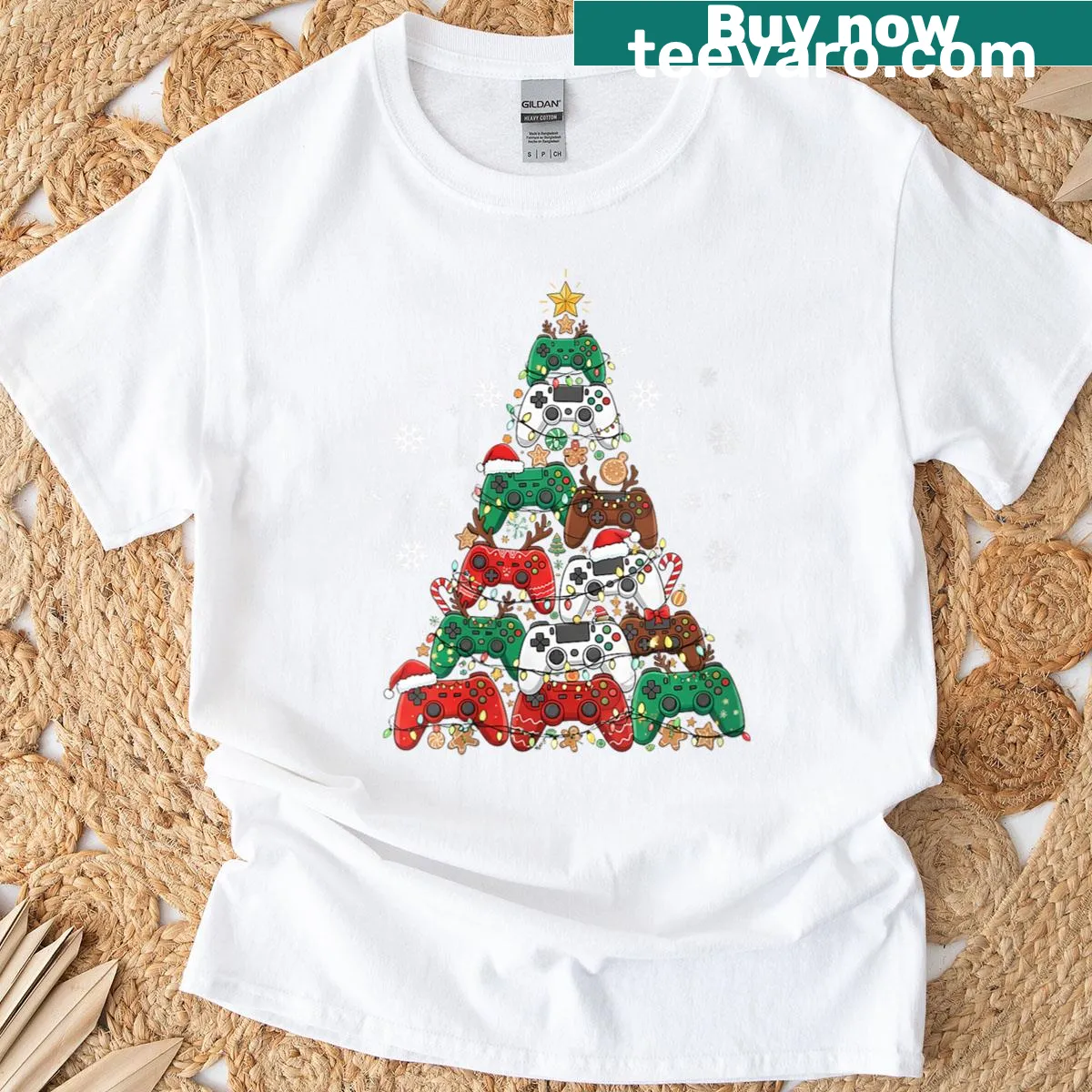 Christmas tree T-shirt featuring video game controllers for gamers. — on a men's t-shirt