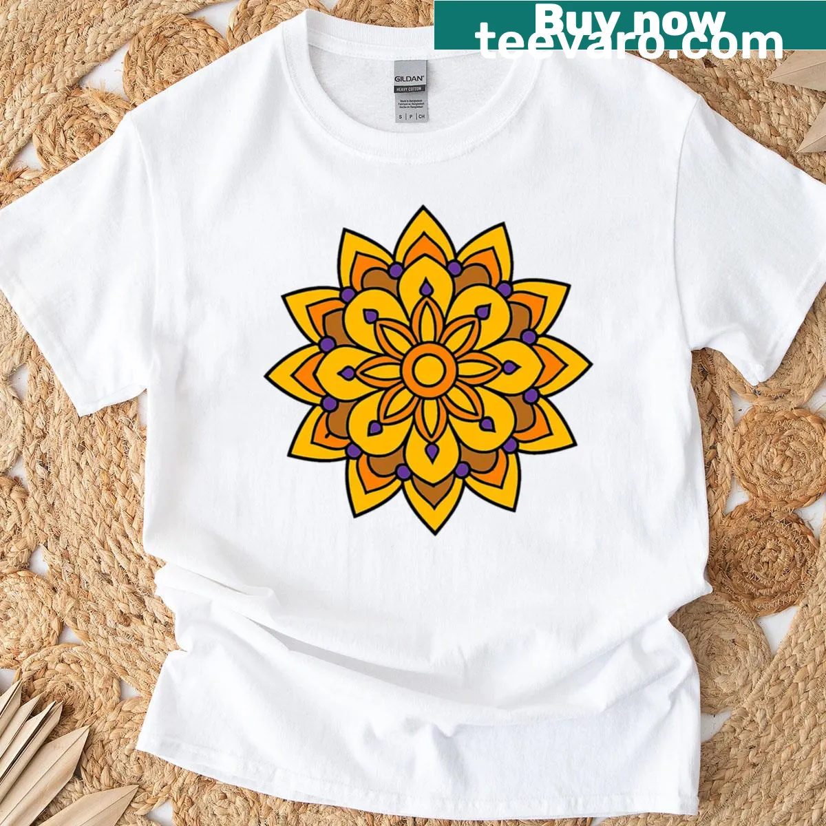Mandala art t-shirt with warm yellow and orange spiritual patterns — on a men's t-shirt