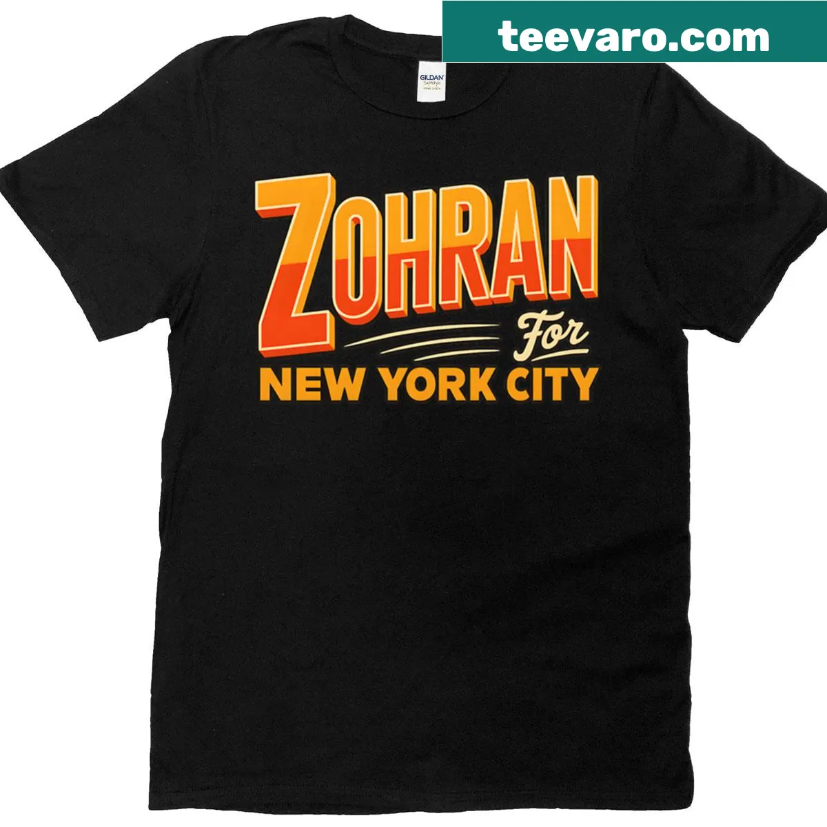 Supportive T-shirt featuring a campaign graphic for Zohran Mamdani. — on a men's t-shirt