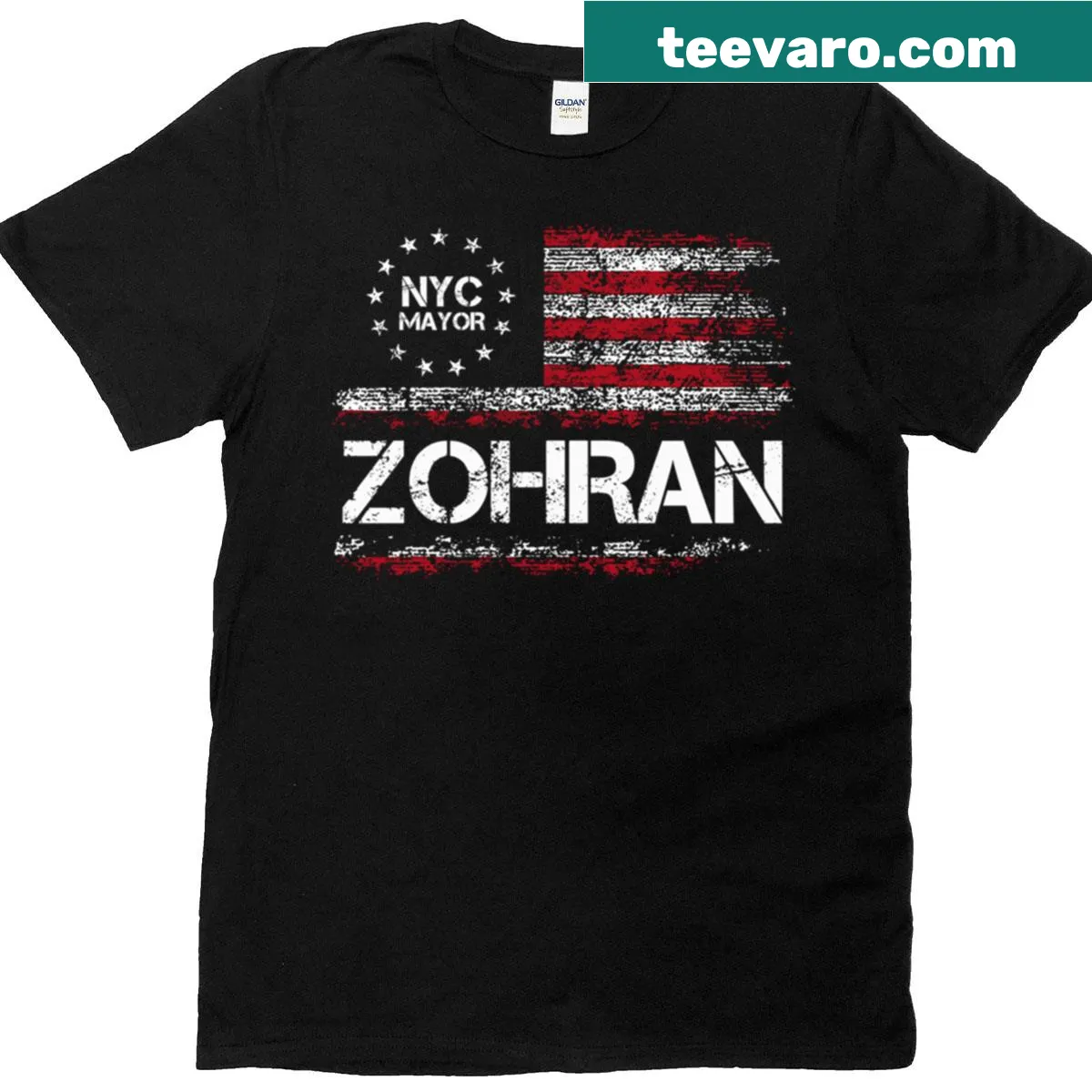 Vintage American flag-themed t-shirt supporting Zohran Mamdani for NYC Mayor — on a men's t-shirt
