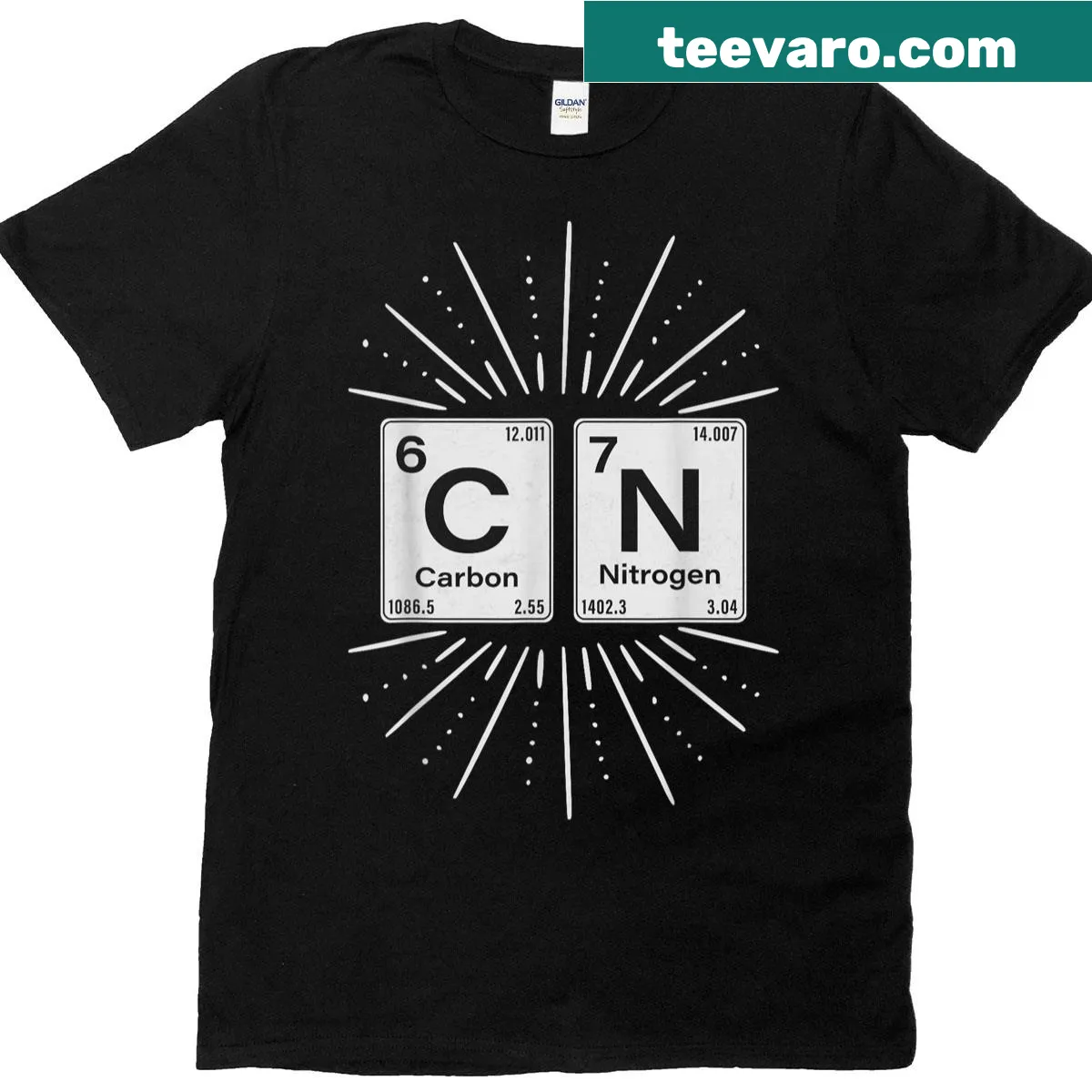 Funny science-themed T-shirt with periodic table design — on a men's t-shirt