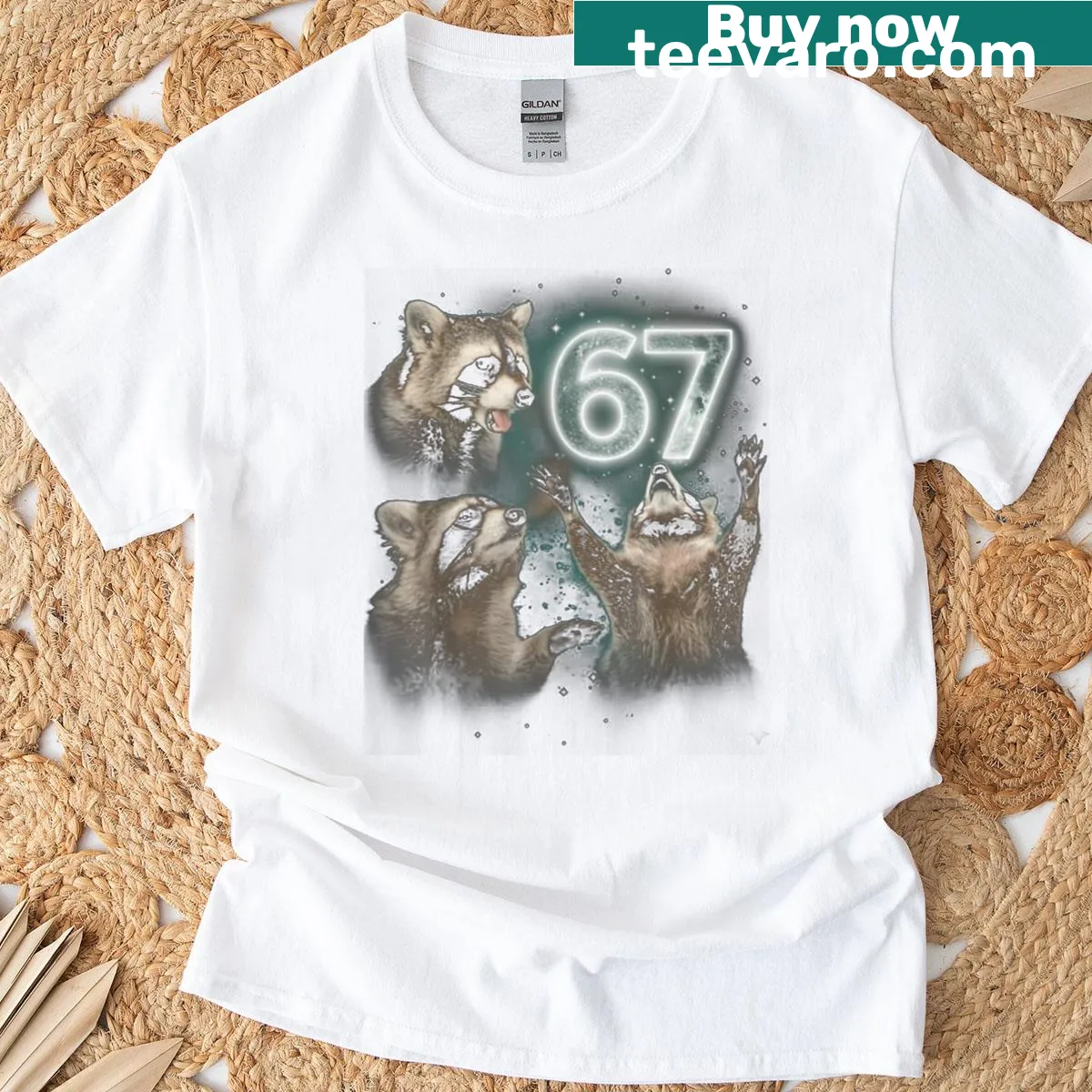 Cartoon raccoon howling at the moon with Halloween elements — on a men's t-shirt