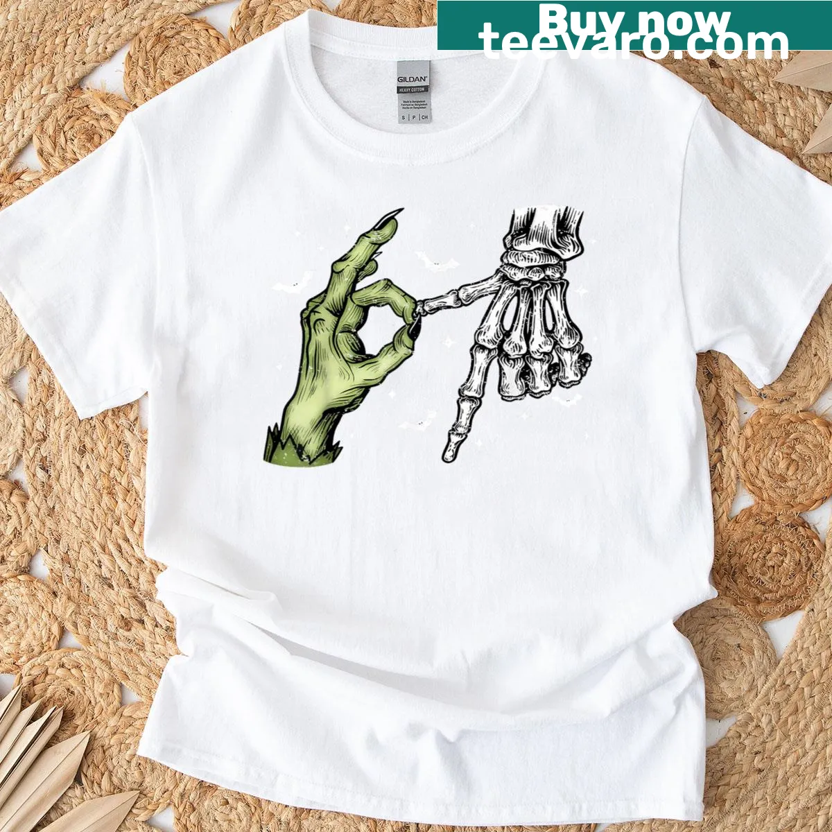 Skeleton zombie hand graphic with 67 Meme text for Halloween — on a men's t-shirt