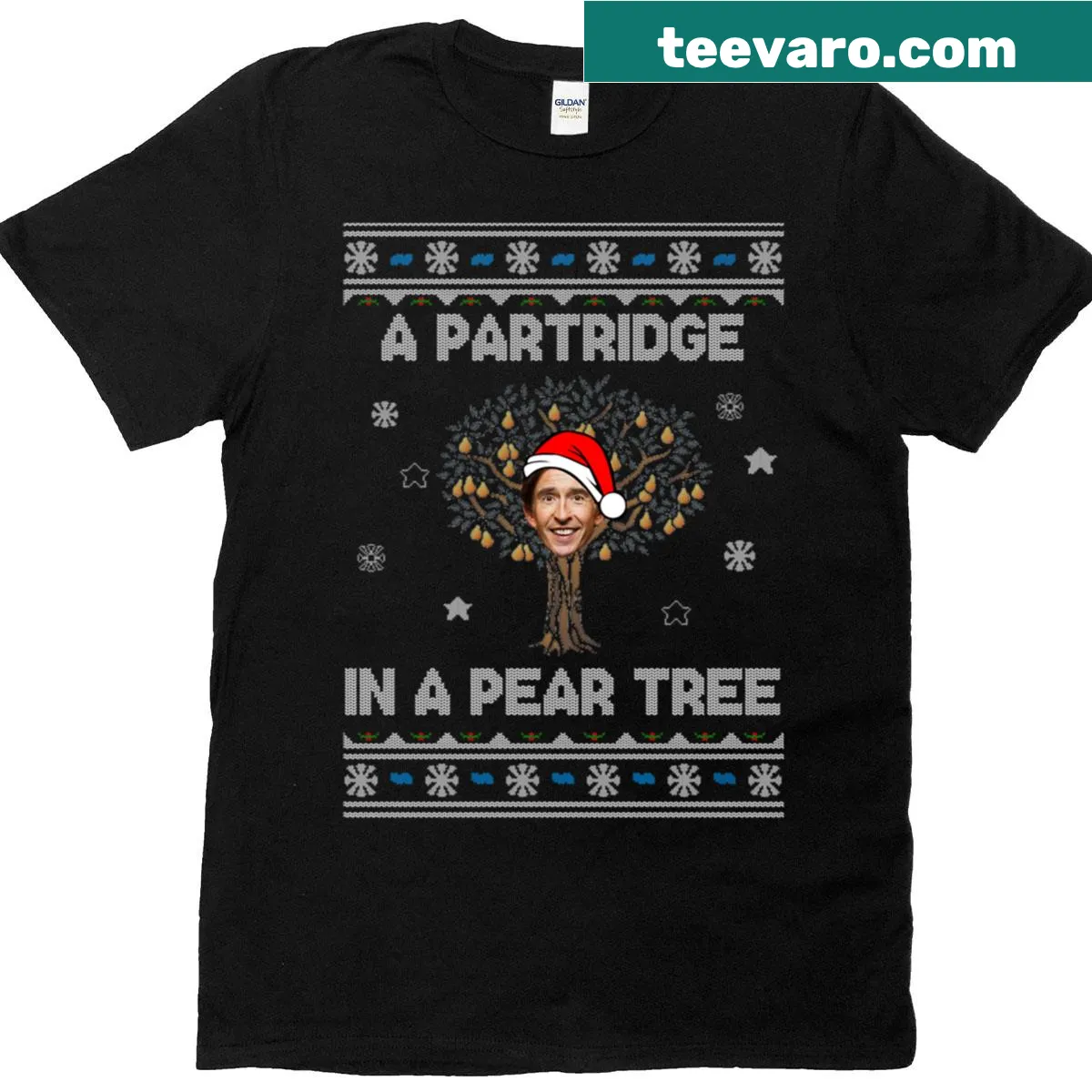 Christmas T-shirt featuring Alan Partridge in a pear tree illustration — on a men's t-shirt