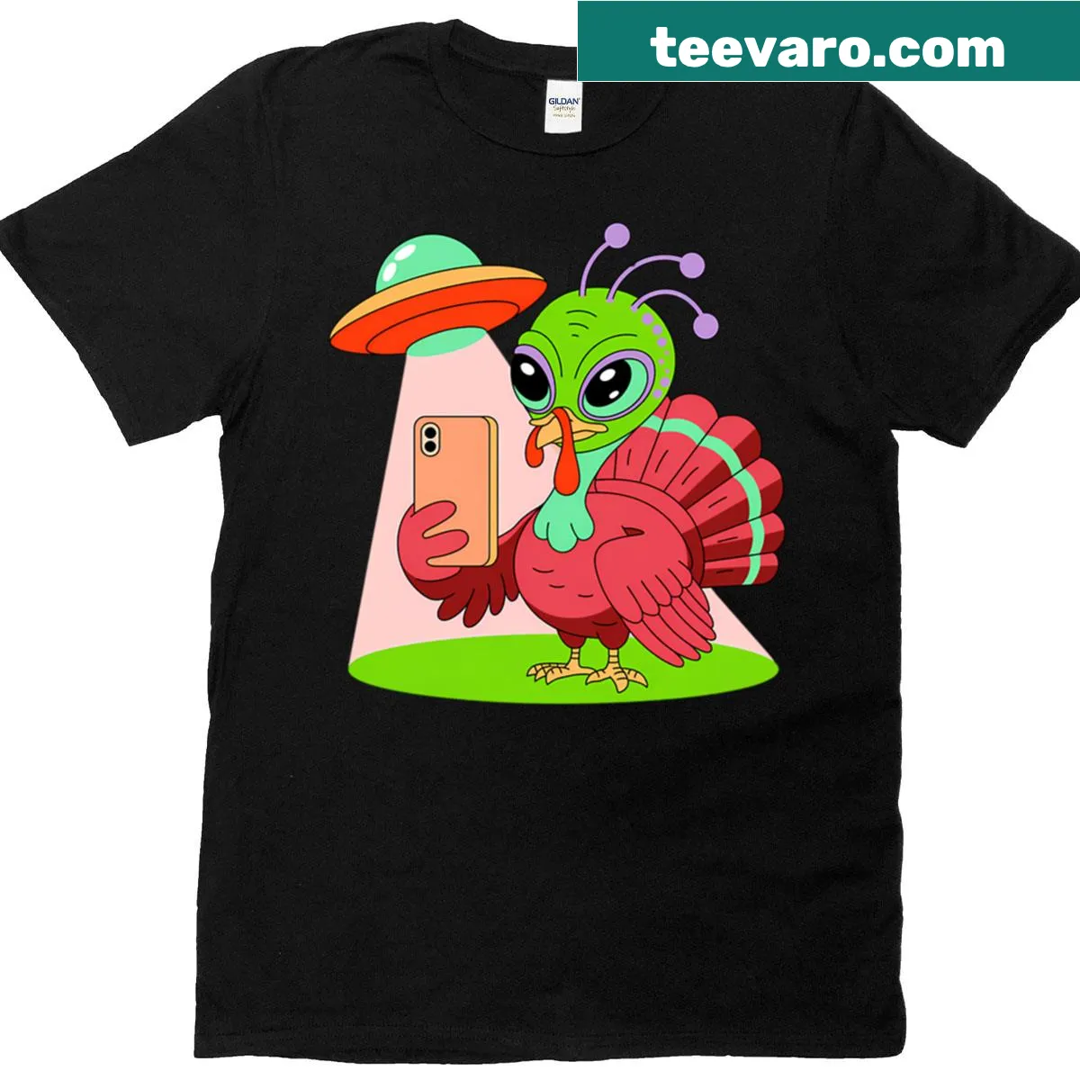 Funny Alien turkey and UFO graphic on a Thanksgiving t-shirt — on a men's t-shirt