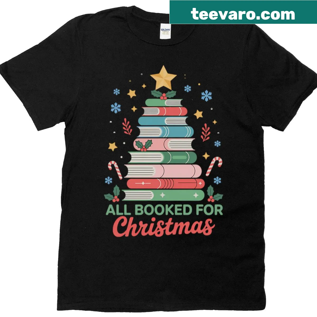 Vintage-style T-shirt with 'All Booked For Christmas' and book graphics. — on a men's t-shirt