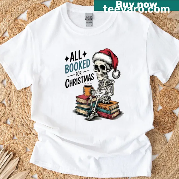 Skeleton reading a book in a festive holiday design for Christmas