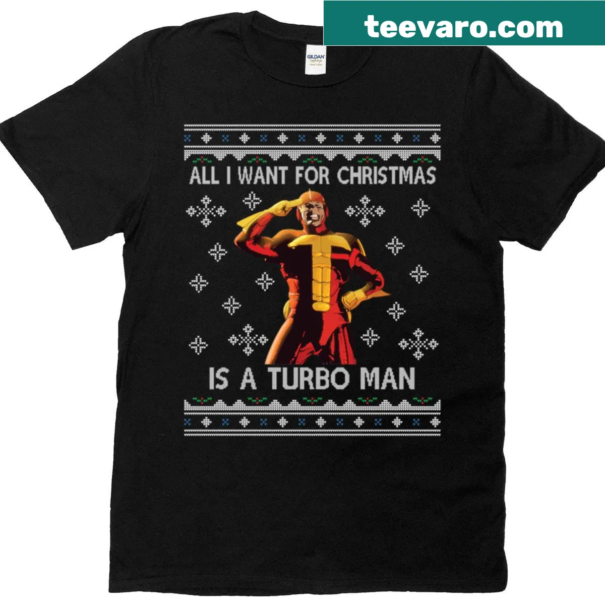 Turbo Man Christmas t-shirt inspired by Jingle All The Way — on a men's t-shirt