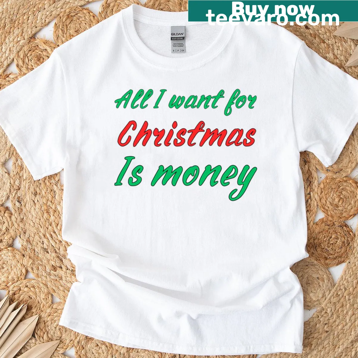 Funny Christmas t-shirt with the phrase 'All I Want For Christmas Is Money' in bold text — on a men's t-shirt
